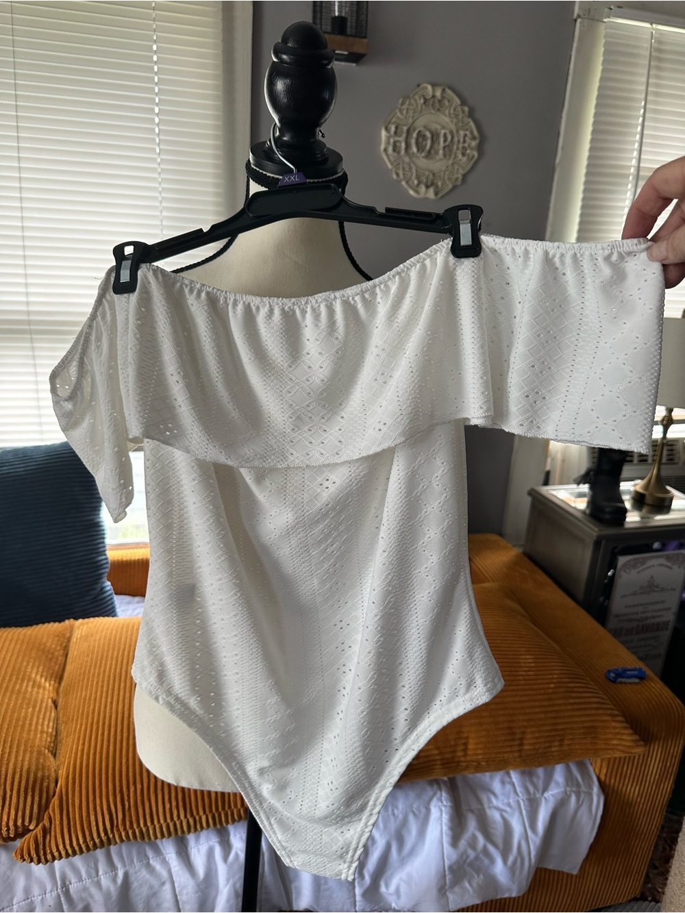 Off-Shoulder White Eyelet Bodysuit with Flounce Neckline